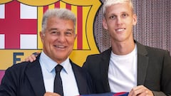 Dani Olmo, con Laporta el día de su presentación.