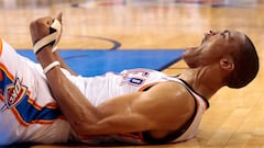 OKLAHOMA CITY, OK - JUNE 06:  Russell Westbrook #0 of the Oklahoma City Thunder reacts after getting fouled and making the basket against the San Antonio Spurs in Game Six of the Western Conference Finals of the 2012 NBA Playoffs at Chesapeake Energy Arena on June 6, 2012 in Oklahoma City, Oklahoma. NOTE TO USER: User expressly acknowledges and agrees that, by downloading and or using this photograph, User is consenting to the terms and conditions of the Getty Images License Agreement.  (Photo by Brett Deering/Getty Images)