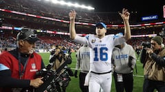 SANTA CLARA, CALIFORNIA - DECEMBER 30: Jared Goff #16 of the Detroit Lions celebrates while leaving the field after his team defeated the San Francisco 49ers at Levi's Stadium on December 30, 2024 in Santa Clara, California.   Ezra Shaw/Getty Images/AFP (Photo by EZRA SHAW / GETTY IMAGES NORTH AMERICA / Getty Images via AFP)